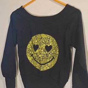 Derek Heart Cropped Off-the-Shoulder Smiley Face Sweatshirt Size Small
